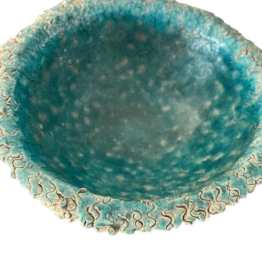 Raku Turquoise Textured Bowl Signed Sindy Unusual